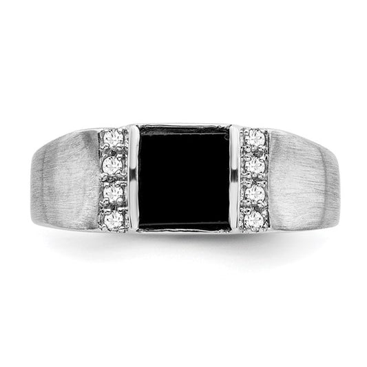 14k White Gold Square Onyx and Diamond Mens Ring