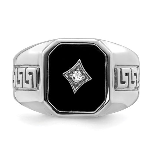 14k White Gold Onyx and Diamond Greek Key Design Mens Ring