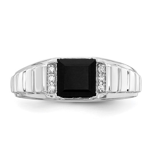 14k White Gold Square Onyx and Diamond Mens Ring