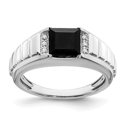 14k White Gold Square Onyx and Diamond Mens Ring
