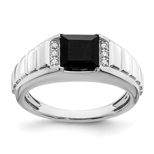 14k White Gold Square Onyx and Diamond Mens Ring