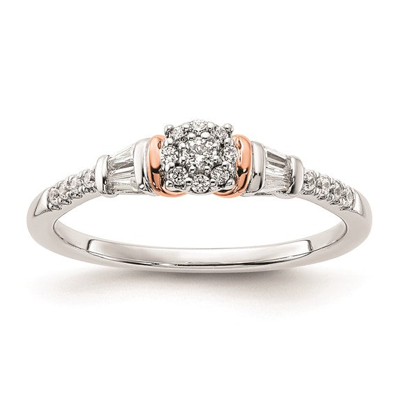 14k White and Rose Gold Cluster 1/5 carat Round/Baguette Diamond Complete Engagement Ring