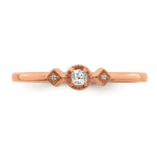 14k Rose Gold Beaded Edge Petite 3-Stone 1/15 carat Cushion Diamond Complete Promise/Engagement Ring