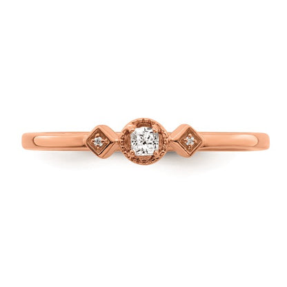 14k Rose Gold Beaded Edge Petite 3-Stone 1/15 carat Cushion Diamond Complete Promise/Engagement Ring