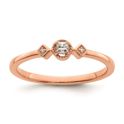 14k Rose Gold Beaded Edge Petite 3-Stone 1/15 carat Cushion Diamond Complete Promise/Engagement Ring