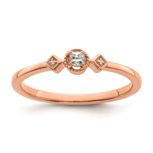 14k Rose Gold Beaded Edge Petite 3-Stone 1/15 carat Cushion Diamond Complete Promise/Engagement Ring