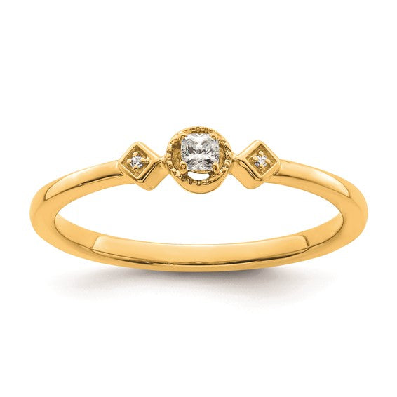 14k Beaded Edge Petite 3-Stone 1/15 carat Cushion Diamond Complete Promise/Engagement Ring