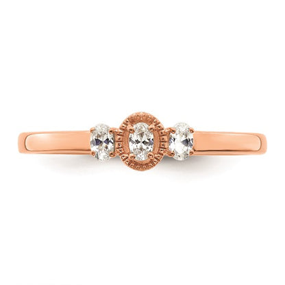 14k Rose Gold Beaded Edge Petite 3-Stone 1/8 carat Oval Diamond Complete Promise/Engagement Ring