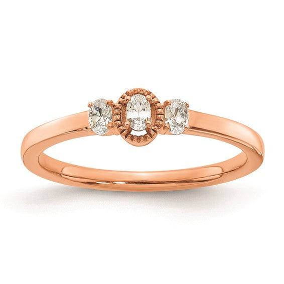 14k Rose Gold Beaded Edge Petite 3-Stone 1/8 carat Oval Diamond Complete Promise/Engagement Ring