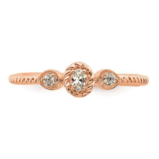 14k Rose Gold Roped Band Petite 3-Stone 1/15 carat Oval Diamond Complete Promise/Engagement Ring