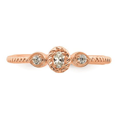 14k Rose Gold Roped Band Petite 3-Stone 1/15 carat Oval Diamond Complete Promise/Engagement Ring