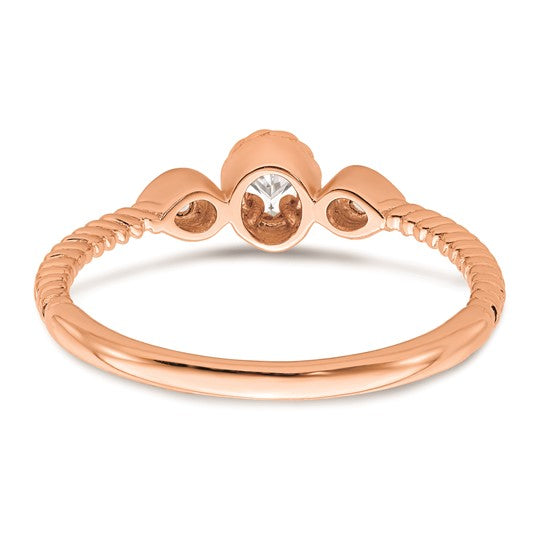 14k Rose Gold Roped Band Petite 3-Stone 1/15 carat Oval Diamond Complete Promise/Engagement Ring