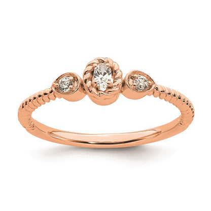 14k Rose Gold Roped Band Petite 3-Stone 1/15 carat Oval Diamond Complete Promise/Engagement Ring