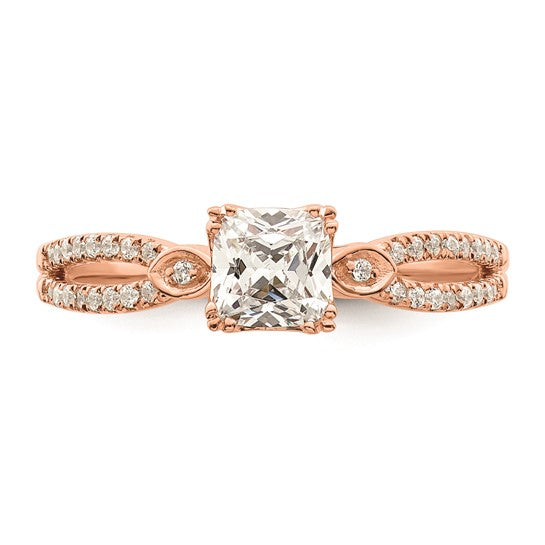 14k Rose Gold Split Shank (Holds 1/2 carat (4.9mm) Cushion Center) 1/8 carat Diamond Semi-Mount Engagement Ring