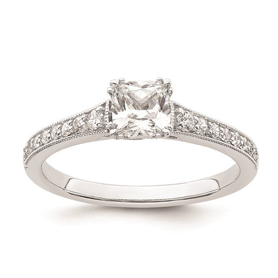 14k White Gold (Holds 1/2 carat (4.9mm) Cushion Center) 1/6 carat Diamond Semi-Mount Engagement Ring