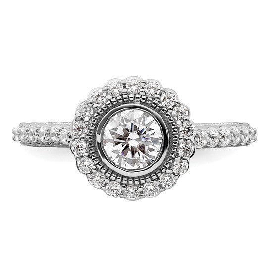 14k White Gold Bezel Halo (Holds 1/2 carat (5.2mm) Round Center) 1/3 carat Diamond Semi-Mount Engagement Ring