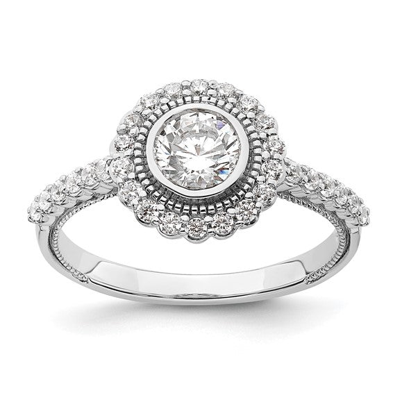 14k White Gold Bezel Halo (Holds 1/2 carat (5.2mm) Round Center) 1/3 carat Diamond Semi-Mount Engagement Ring