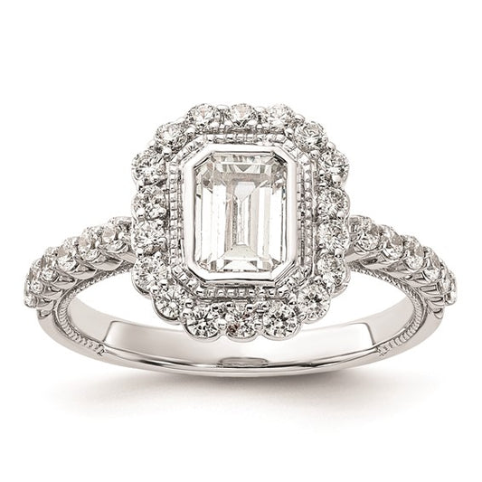 14k White Gold Halo Plus (Holds 1 carat (6.5x4.8mm) Emerald-cut Center Bezel) 5/8 carat Diamond Semi-Mount Engagement Ring