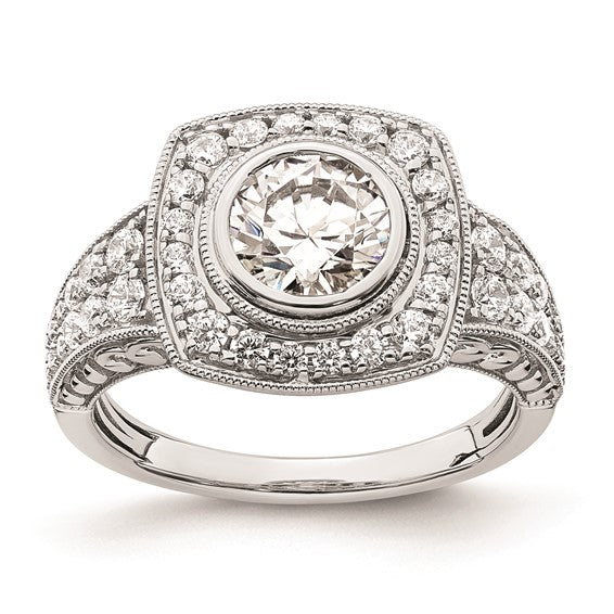 14k White Gold Halo Plus (Holds 1 carat (6.5mm) Round Center Bezel) 3/4 carat Diamond Semi-Mount Engagement Ring