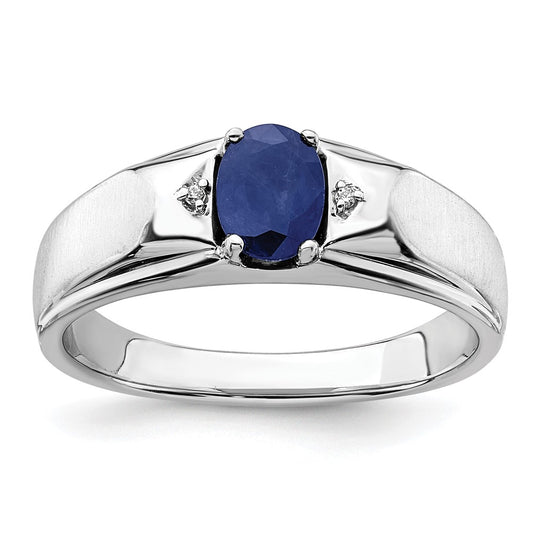 14k White Polished & Satin Sapphire & Diamond Mens Ring