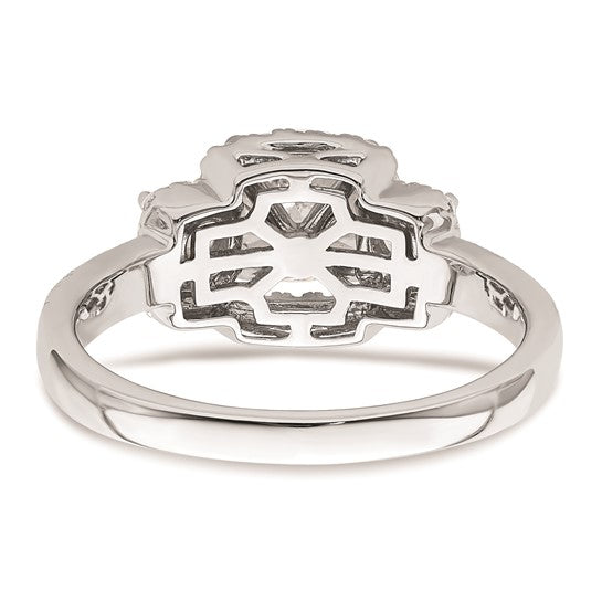 14K White 3-Stone Plus (Holds 1 carat (6.5mm) Round Center) Halo Semi-Mount Diamond Engagement Ring