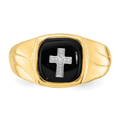 10K Polished Onyx and Diamond Cross Ring