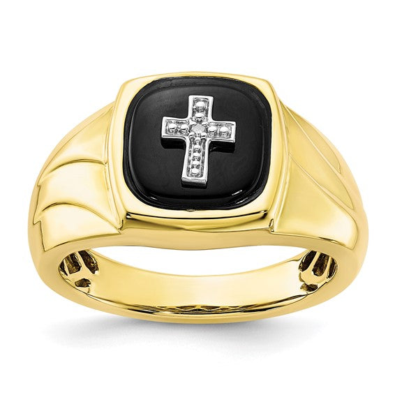 10K Polished Onyx and Diamond Cross Ring