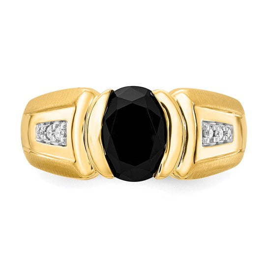 10K Gold Polished and Brushed Diamond and Onyx Ring