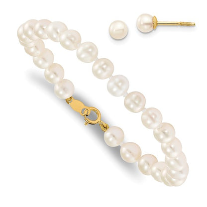 14K Madi K 4-5mm White Freshwater Cultured Pearl Bracelet and Earring Set