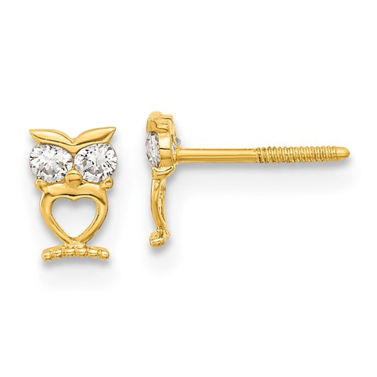 14k Madi K Owl with CZ Eyes Screwback Post Earrings
