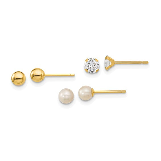 14k Madi K Ball, CZ and Freshwater Cultured Pearl 3 Pair Earring Set