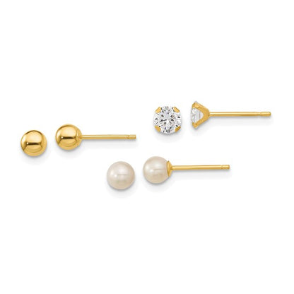 14k Madi K Ball, CZ and Freshwater Cultured Pearl 3 Pair Earring Set