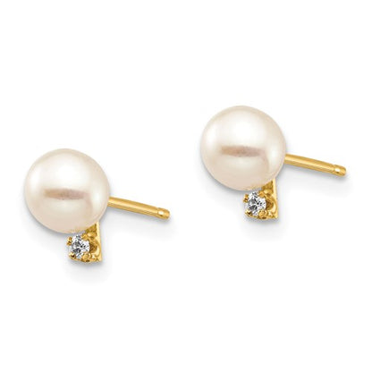 14K Madi K 4-5mm White Round FW Cultured Pearl .02ct Diamond Post Earrings