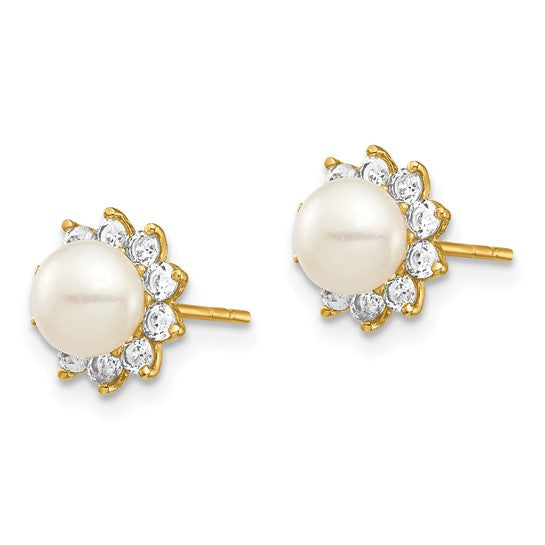 14k Madi K 5-6mm White Button Freshwater Cultured Pearl CZ Post Earrings