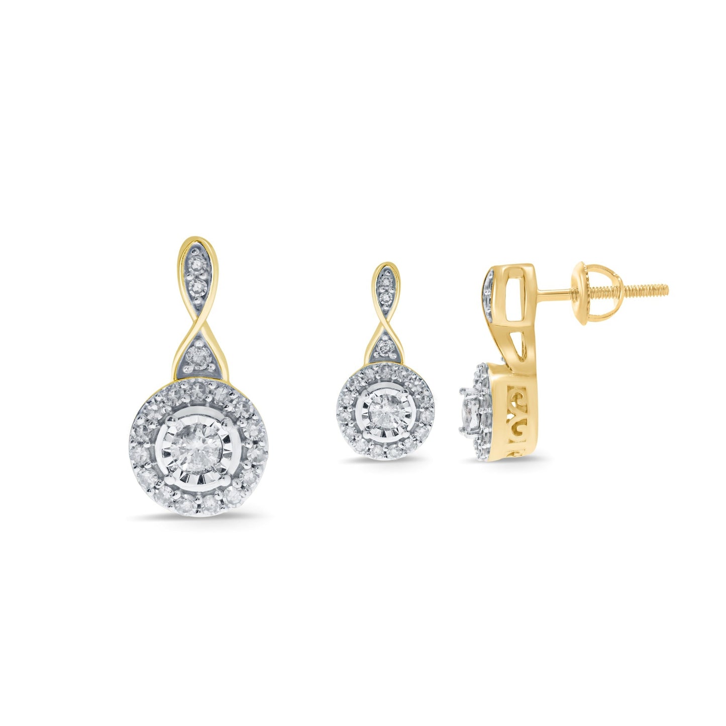 10K YELLOW GOLD .60 CARAT REAL DIAMOND EARRINGS & PENDANT NECKLACE SET WITH YELLOW GOLD CHAIN