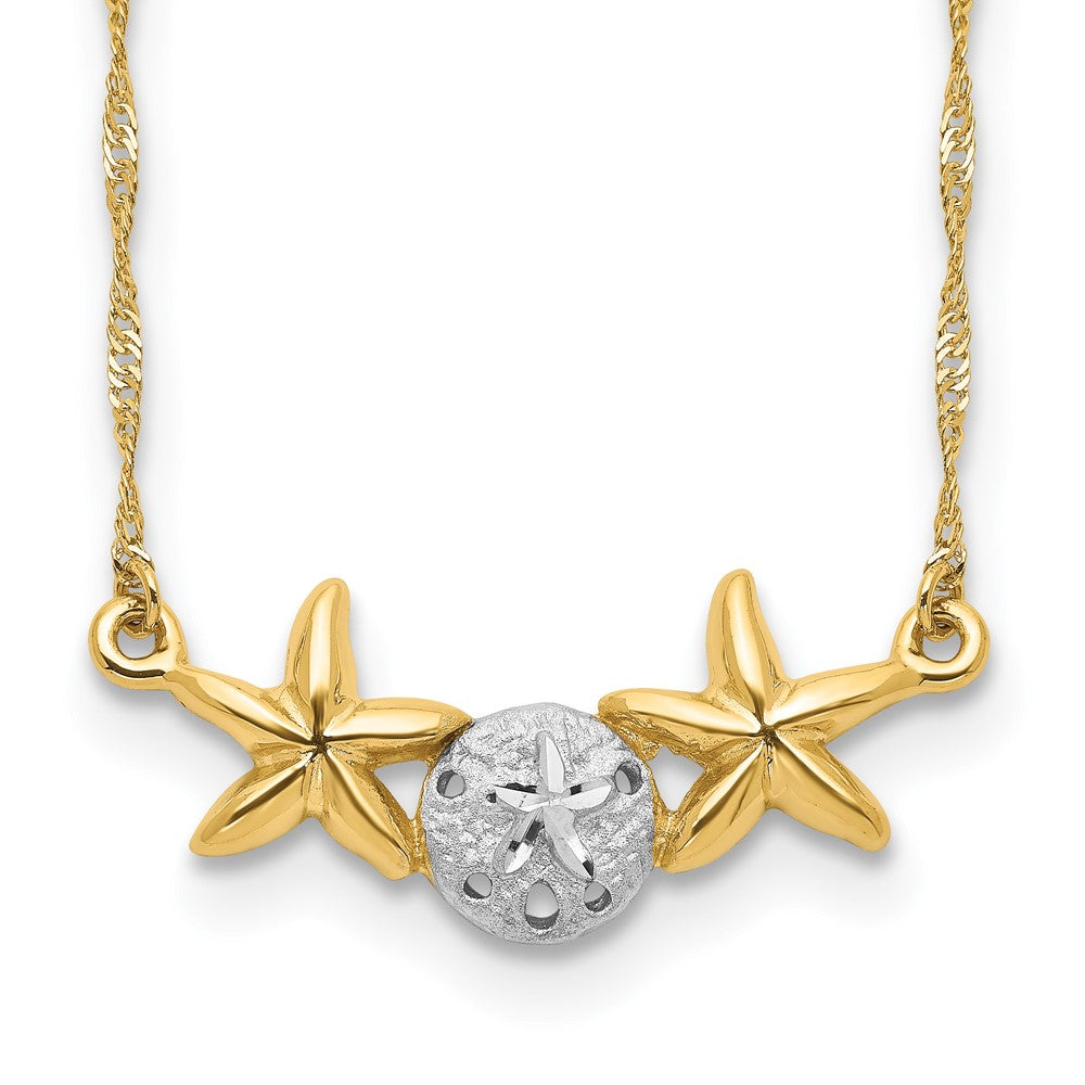 14K & White Rhodium 17" Brushed & Polished Sand Dollar Starfish Necklace