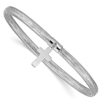 14k White Gold Mesh Cross Dangle Stretch Bracelet