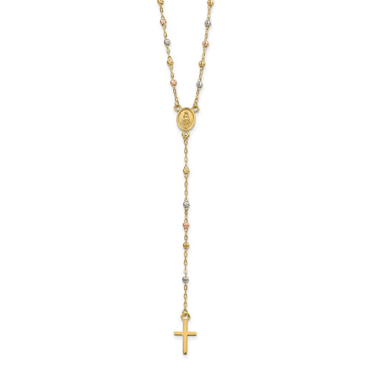14k Tri-color Beaded Rosary 17 inch w/ 3in ext Necklace