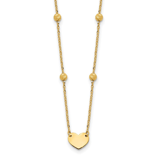 14K Polished and Diamond-cut Heart and Beads Plus 2in ext. Necklace