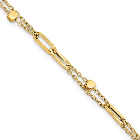 14K Polished and Beaded 2-Strand Fancy Link 7.5 Inch Bracelet