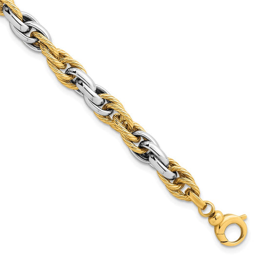 14k Two-tone Polished Textured Fancy Rope Link Bracelet