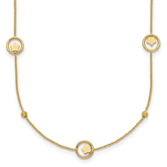 14k Polished Stars in Circle with D/C Beads 16.75in Necklace
