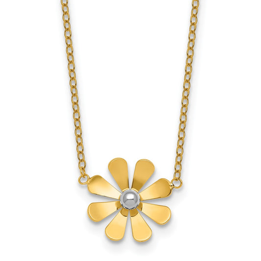 14k w/White Rhodium Polished Daisy 16in With 2in Ext Necklace