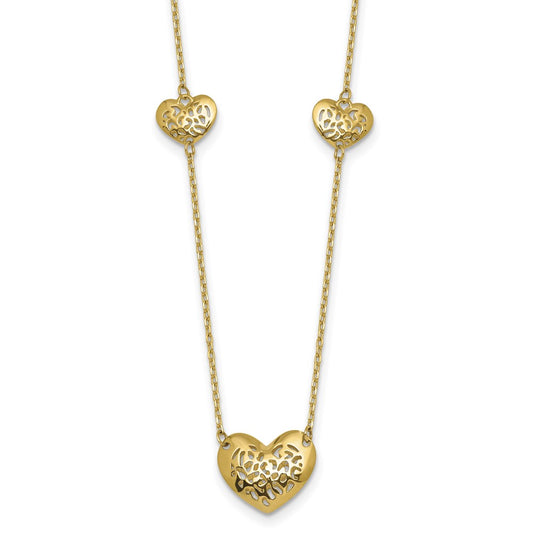 14K Polished and Textured Heart Station 16 w/2in ext. Necklace