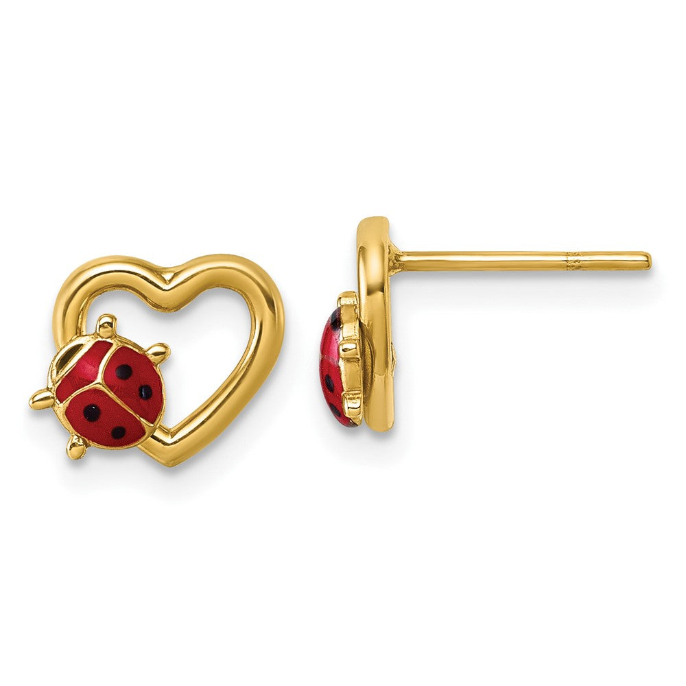 14K Polished Heart with Enameled Lady Bug Post Earrings