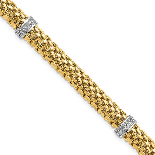 14k Two-Tone 7.25in .05ct Completed Polished Diamond and Mesh Bracelet