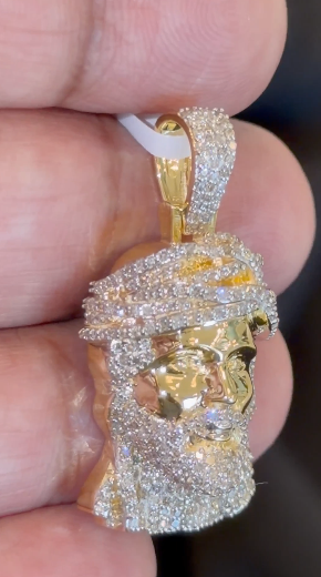 10K YELLOW GOLD 1.25 CARAT NATURAL DIAMONDS 1.25 INCHES JESUS HEAD PENDANT CHARM