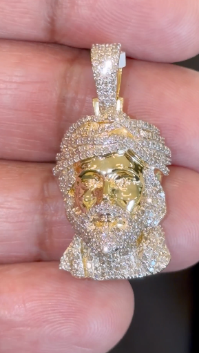 10K YELLOW GOLD 1.25 CARAT NATURAL DIAMONDS 1.25 INCHES JESUS HEAD PENDANT CHARM
