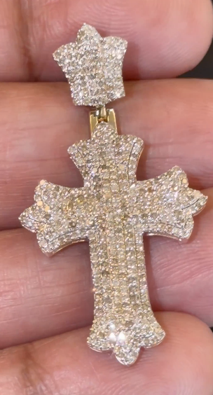 10K YELLOW GOLD 1.50 CARAT NATURAL DIAMONDS 1.75 INCHES CROSS PENDANT CHARM