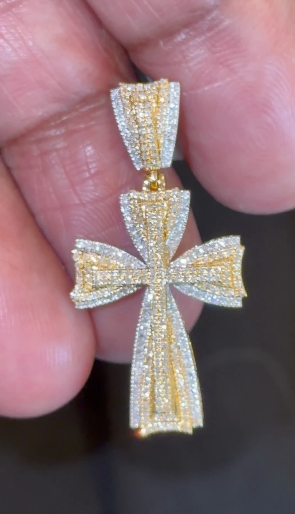 10K YELLOW GOLD .45 CARAT 1.40 INCHES NATURAL DIAMOND CROSS PENDANT CHARM